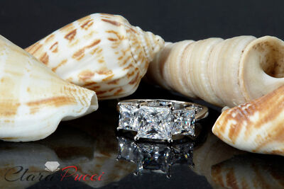 Pre-owned Pucci 3 Princess 3 Stone Lab Created Sapphire Bridal Statement Ring 14k White Gold
