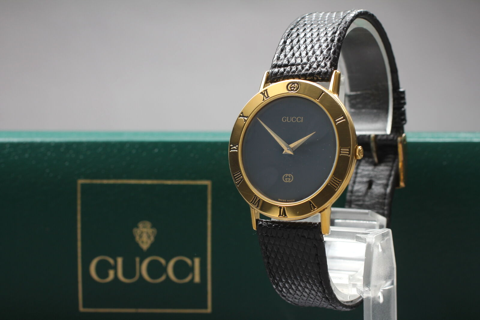 【稼働品】GUCCI 3000M ヴィンテージ腕時計 グッチ ローマン Near MINT] GUCCI 3000M & 3000L set Gold Black Dial Roman