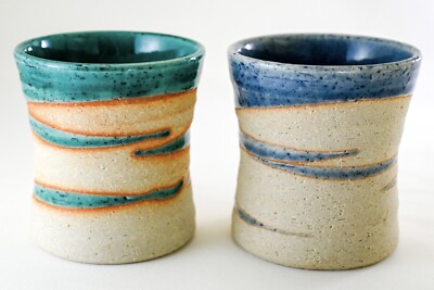 Set of 2 Japanese Pottery Handmade YUNOMI Tea Cup Blue Green & Indigo Mino ware