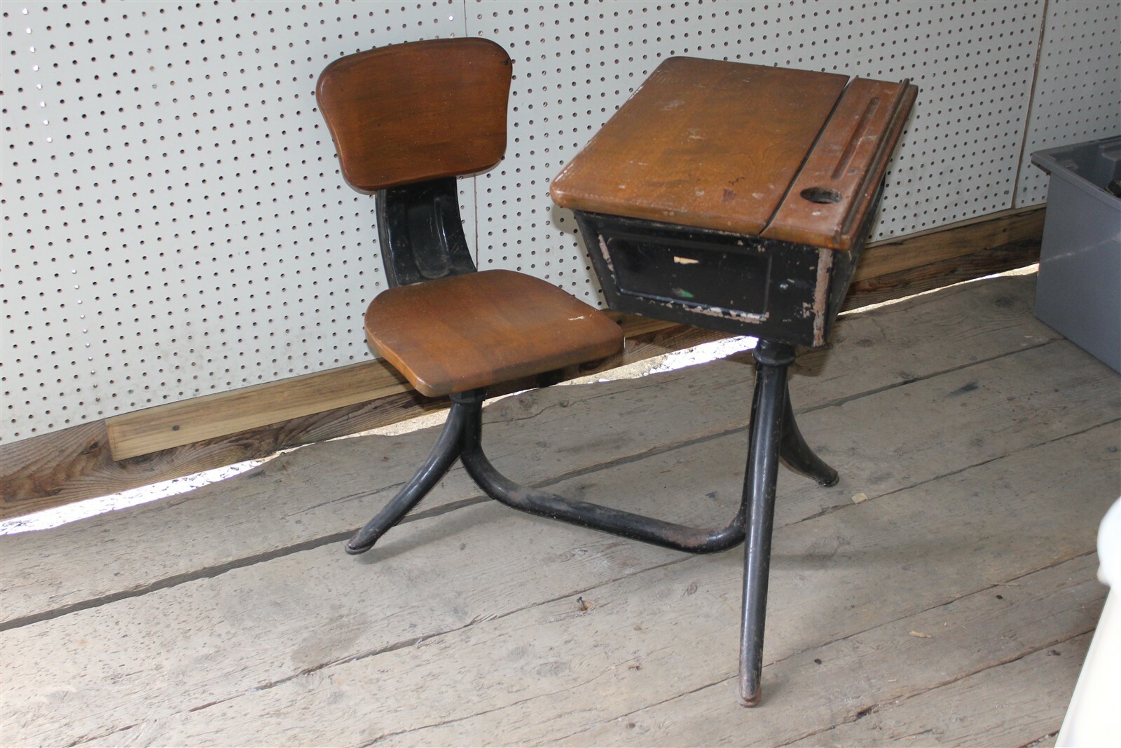Vintage Child s School Desk Chair Wood And Metal With Flip Up Top