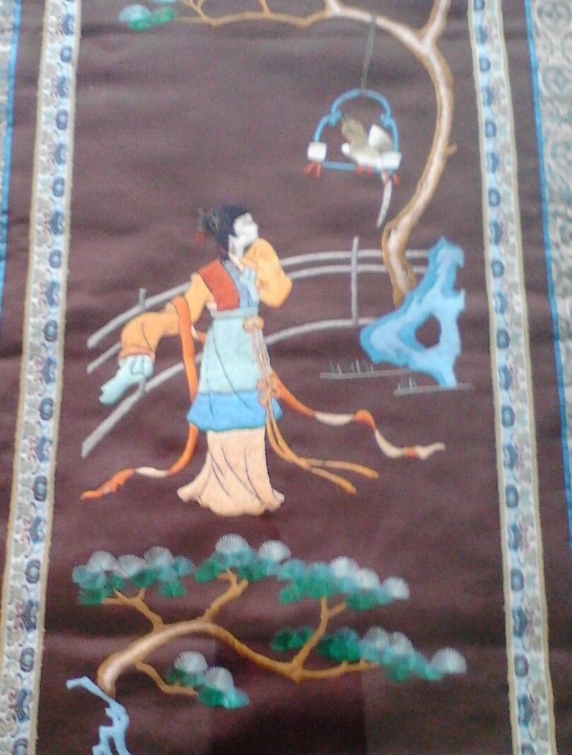 VINTAGE SILK  EMBROIDERY FRAMED ASIAN ART