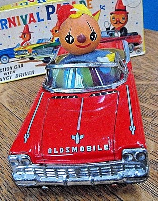 NAKAMURA rare CARNIVAL PARADE TIN FRICTION CAR w WOOD HEAD EXC ORIG BOX JAPAN