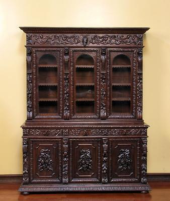 Large Antique French Carved Hunt Renaissance 6 Door Bookcase Cabinet