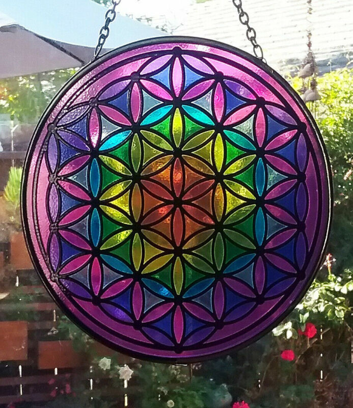 LARGE Hanging Stained Glass FLOWER OF LIFE SUNCATCHER, 7 CHAKRA Sacred Geometry
