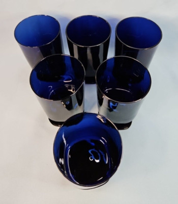 Unique Vintage Cobalt Blue Footed Goblets Set of 6 Excellent !! 1960s ? 
