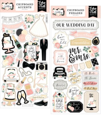 Echo Park WEDDING (2) 6''x13'' Chipboard COMBO Accents + Phrases Bride Groom