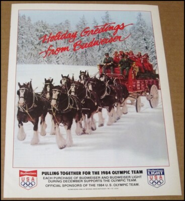 1983 Budweiser Beer Print Ad Holiday Christmas Advertisement Page Vintage Horses