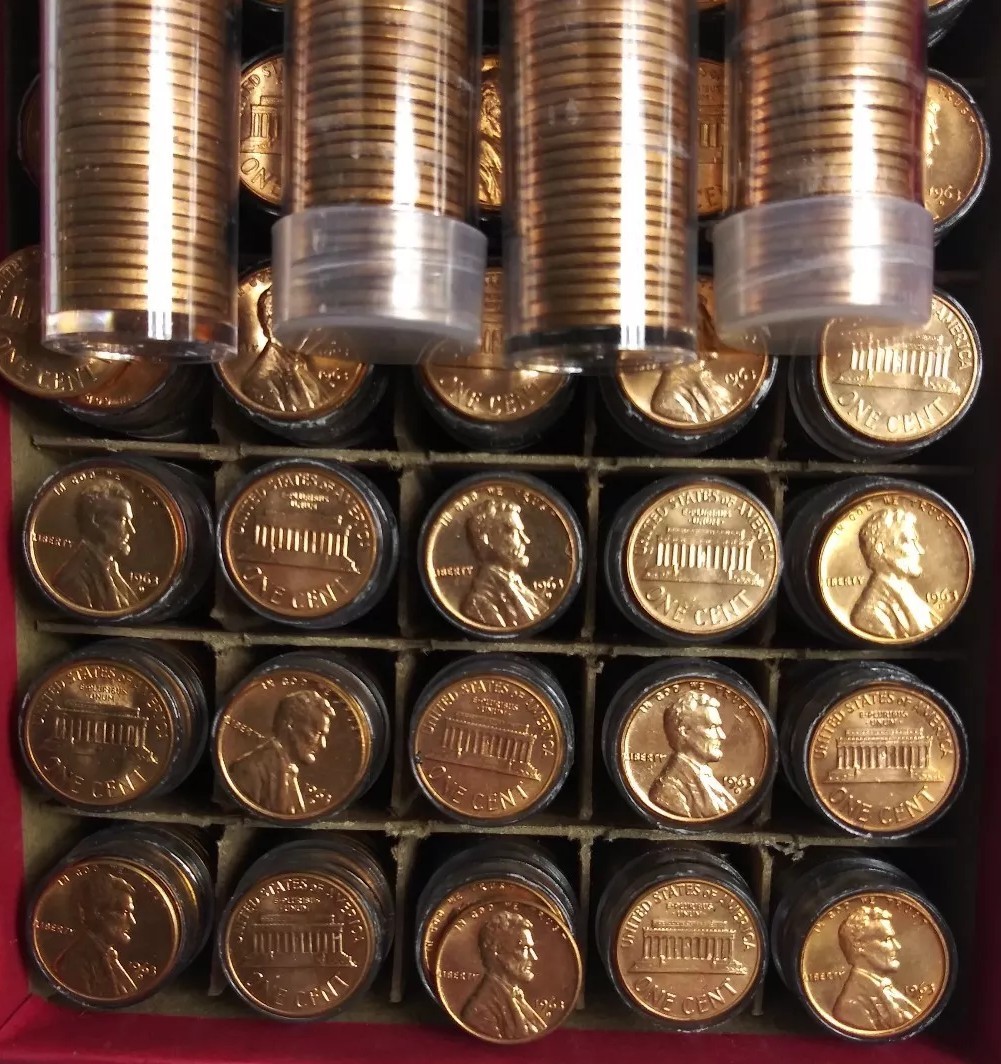 1963-D  Lincoln Uncirculated 2500 cents in 50 Tubes's in Red Storage Penny Box