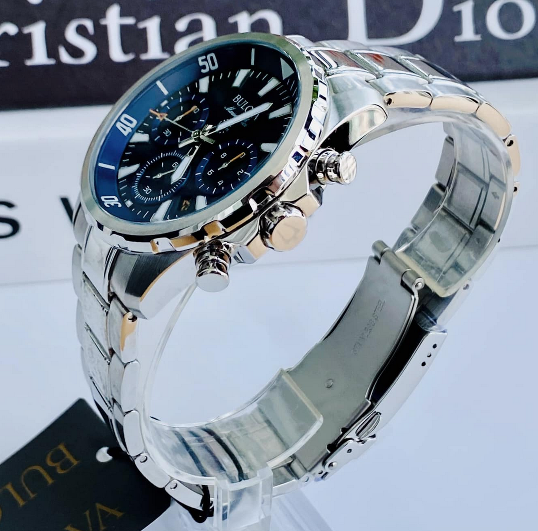 Pre-owned Bulova Marine Star Blue Dial Silver Tone Stainless Steel Men's Watch 96b256