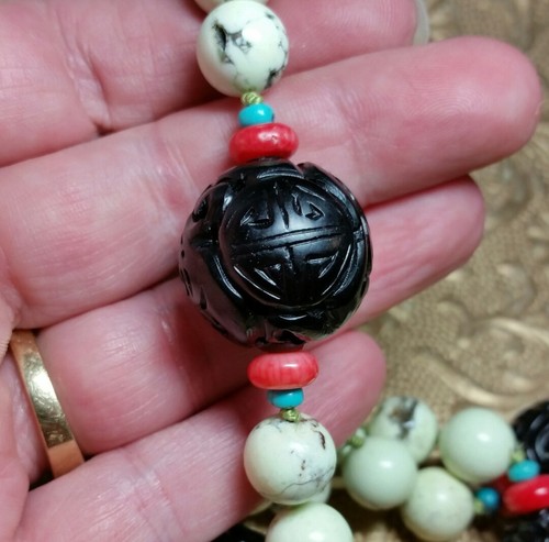 Vintage Chinese Carved Genuine Green Turquoise Coral Black Shou Bead Necklace