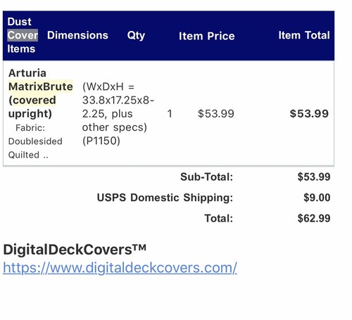 Arturia MatrixBrute dust cover by Digital Deck Covers in double quilted nylon