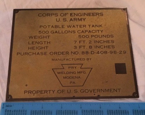 Corps Of Engineers US Army Potable Water Tank Brass Plate