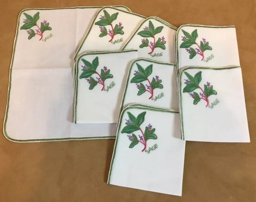 Eight Vintage Small Napkins, Herb Appliqué & Embroidery, Sage, White & Green