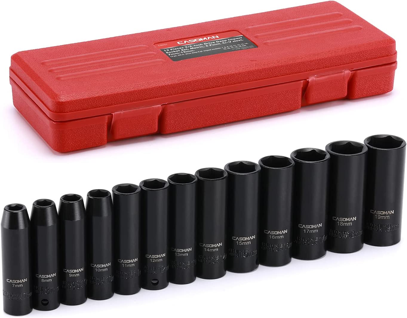 13 Pieces 3/8-Inch Drive Impact Socket Set, 6-Point, Metric, Deep, CR-V, 7mm to