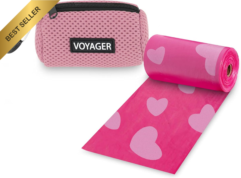 Dog Poop Bag Holder Leash Attachment with 15 Bags, Pink, Reusable Mesh Dispenser
