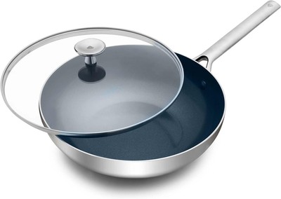  Tri-Ply Stainless Steel Ceramic Nonstick, 11'' Wok Pan with Lid Multi Clad