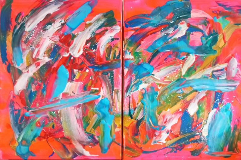 Tableau Abstrait Multicolore Diptyque  Paysage Mer Fait Main Vert Jaune Bleu 