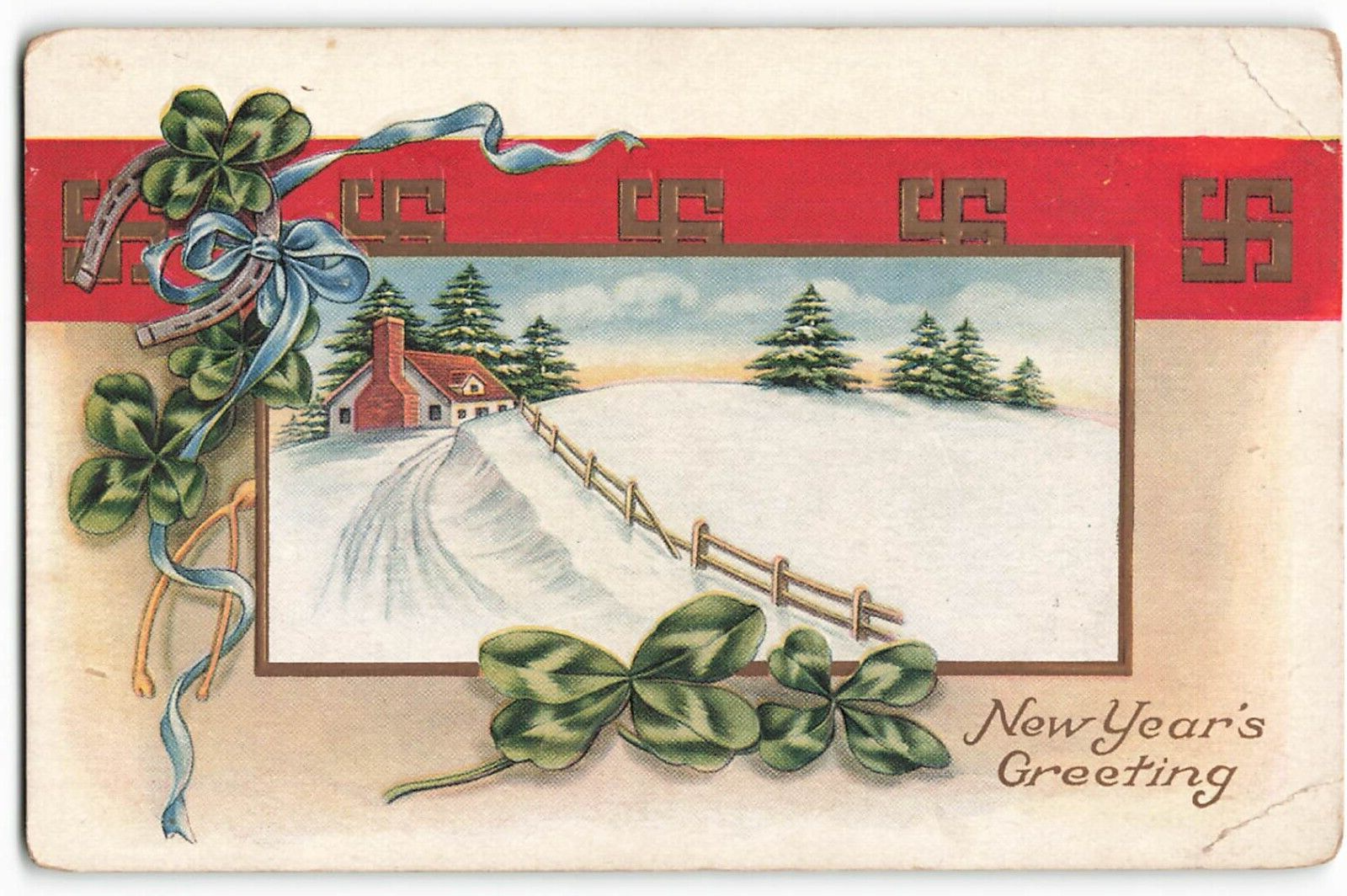 Postcard New Year's Greeting winter home scene, Whitney Made Vintage VPC01.