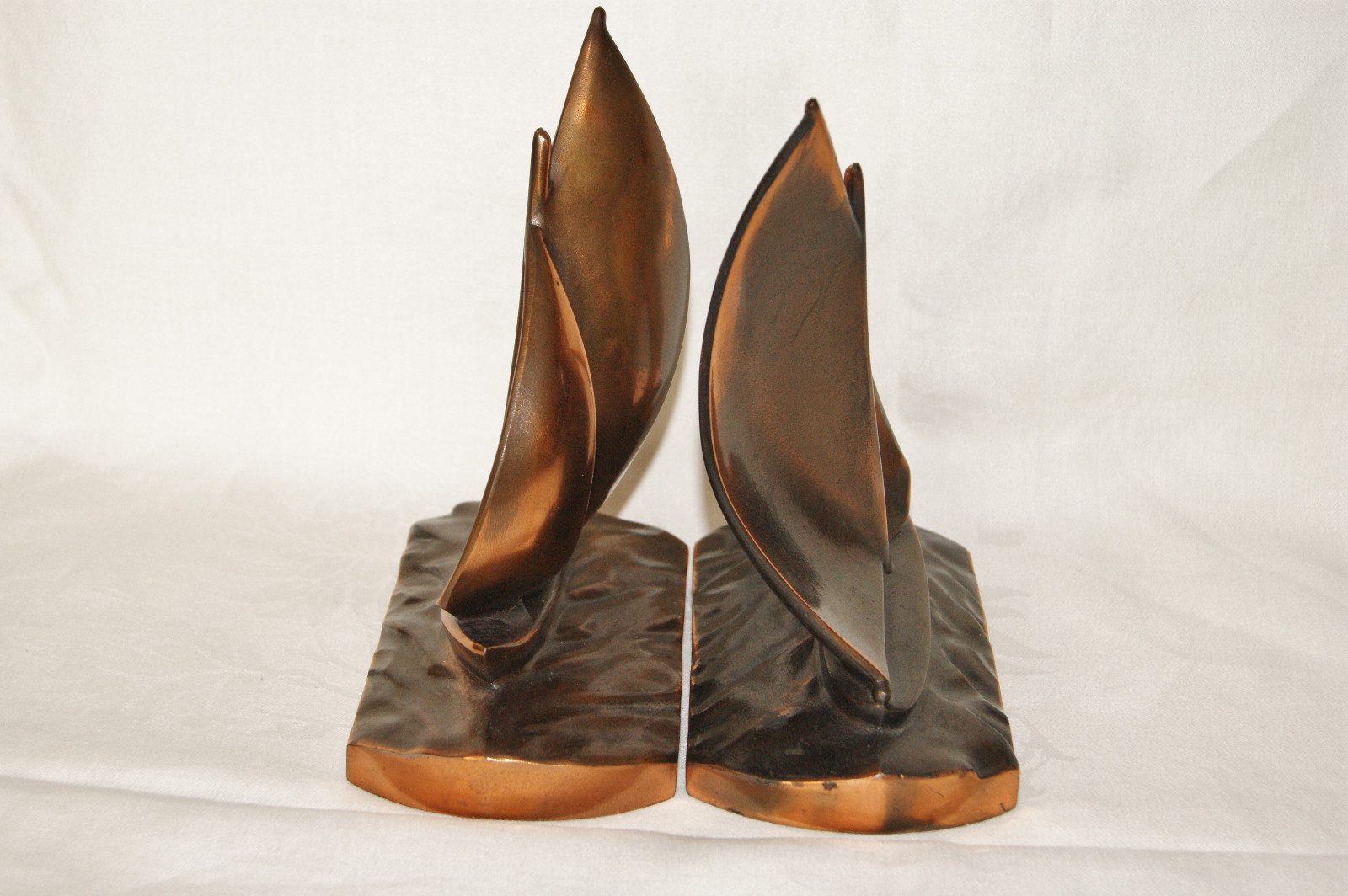 Vintage Book Ends - Nautical Sailboats on Waves - Brass Toned Cast Metal - Heavy