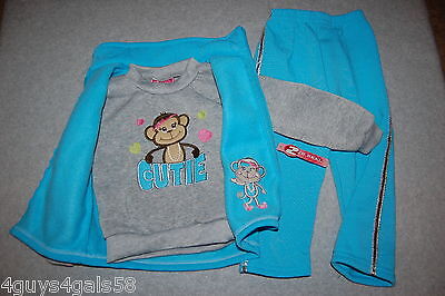 Toddler Girls 3 PC Outfit GRAY SWEATSHIRT Monkey TURQUOISE VEST PANTS  18 MO
