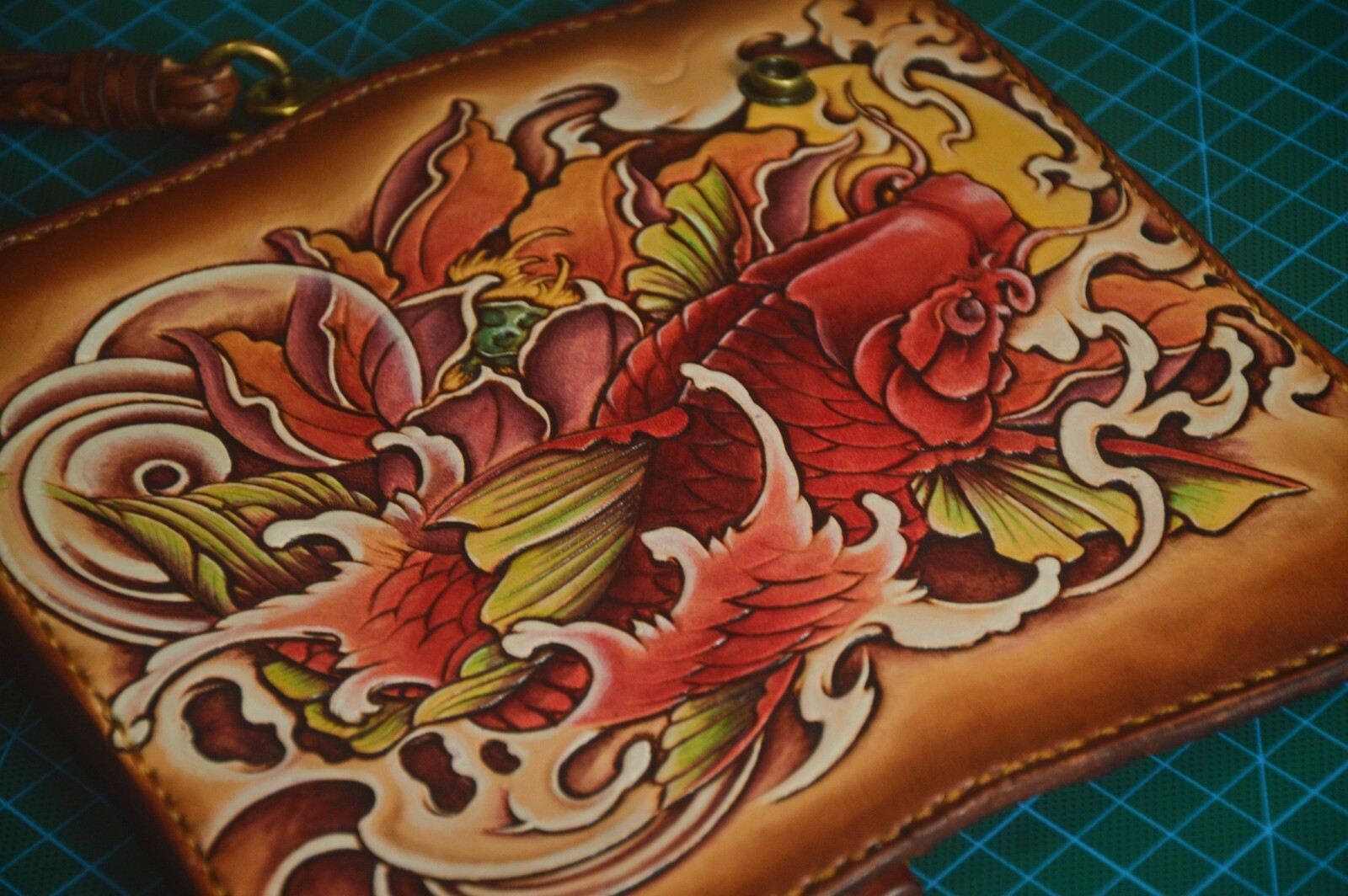 Pre-owned Handmade Custom Leather Biker Wallet Chain Carp Carved Wallet Personalized Gift X36 In Brown