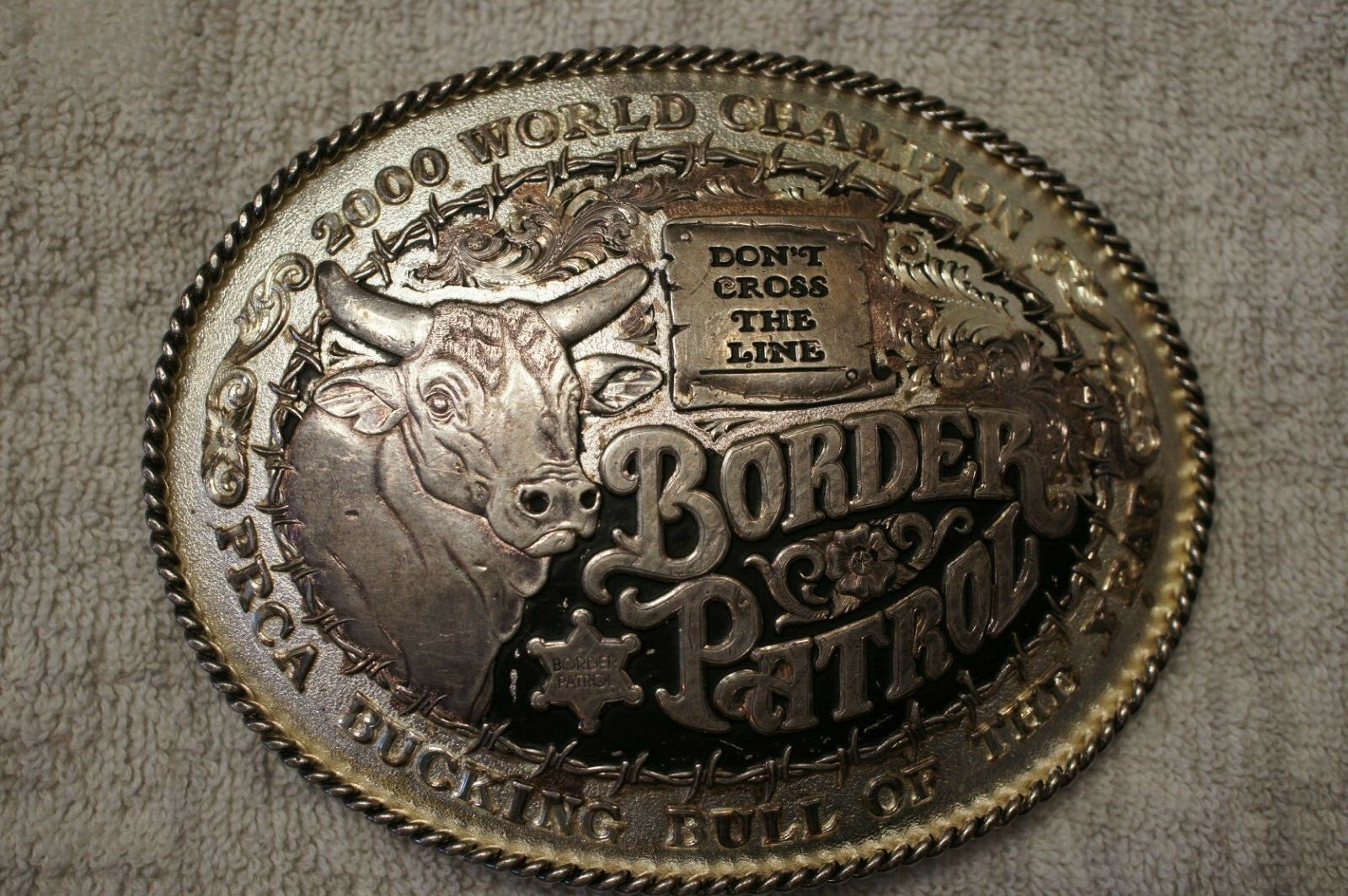 2000 PRCA Border Patrol Bull Riding trophy championship cowboy belt buckle