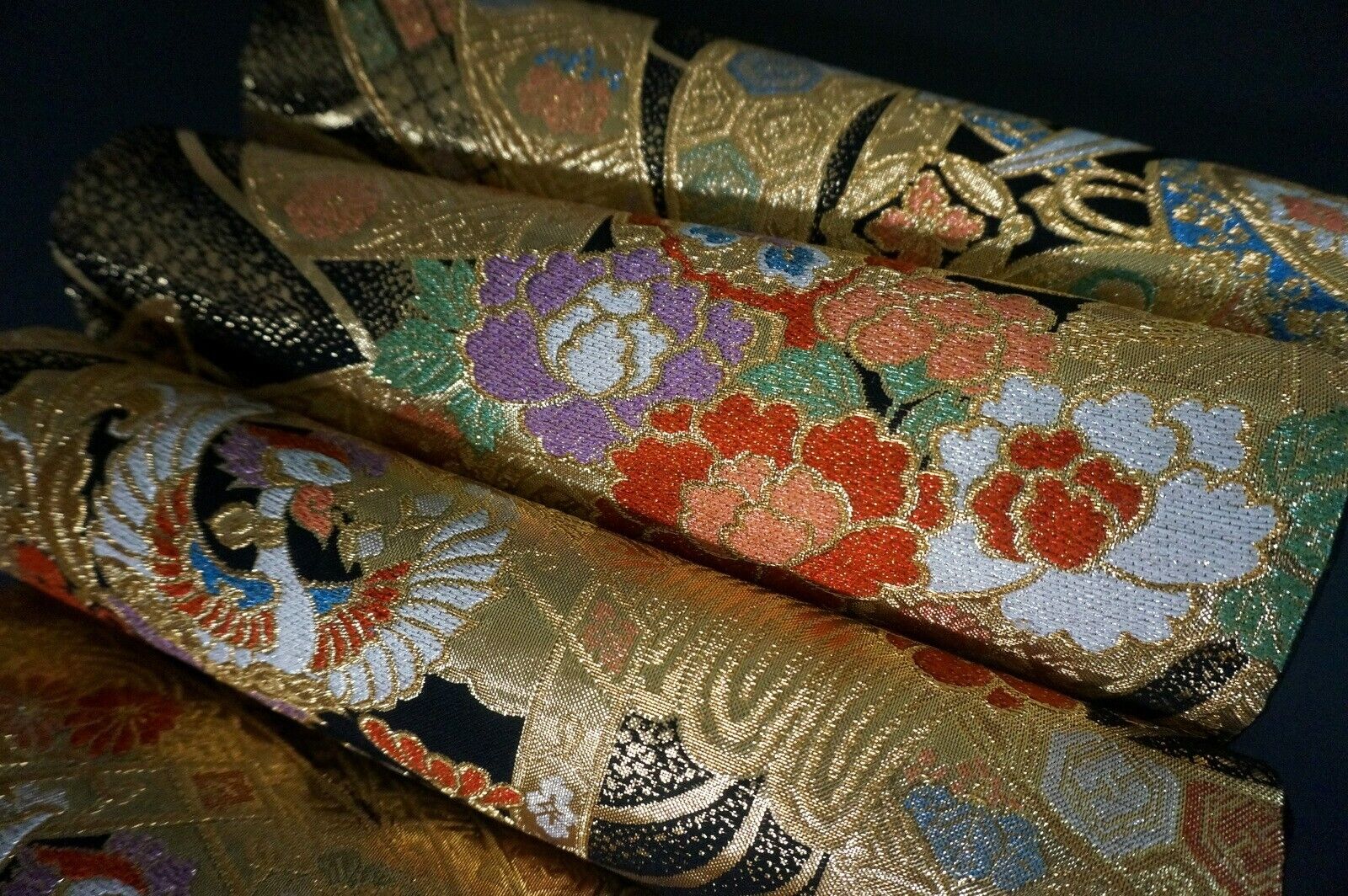 Japanese Kimono SILK Fukuro OBI, Gold thread, Foil, Flower & Birds,L14' 3"..3261
