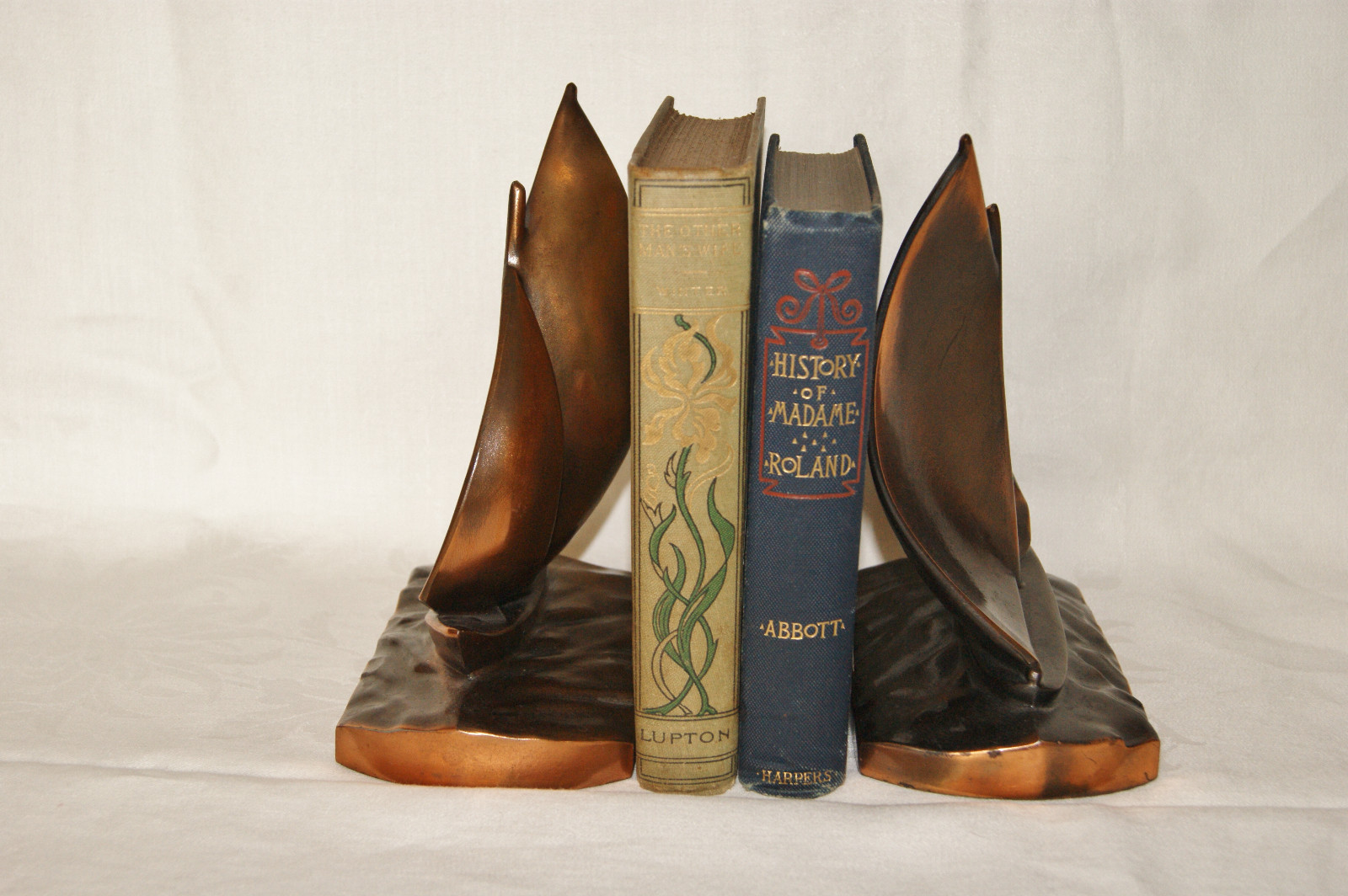 Vintage Book Ends - Nautical Sailboats on Waves - Brass Toned Cast Metal - Heavy