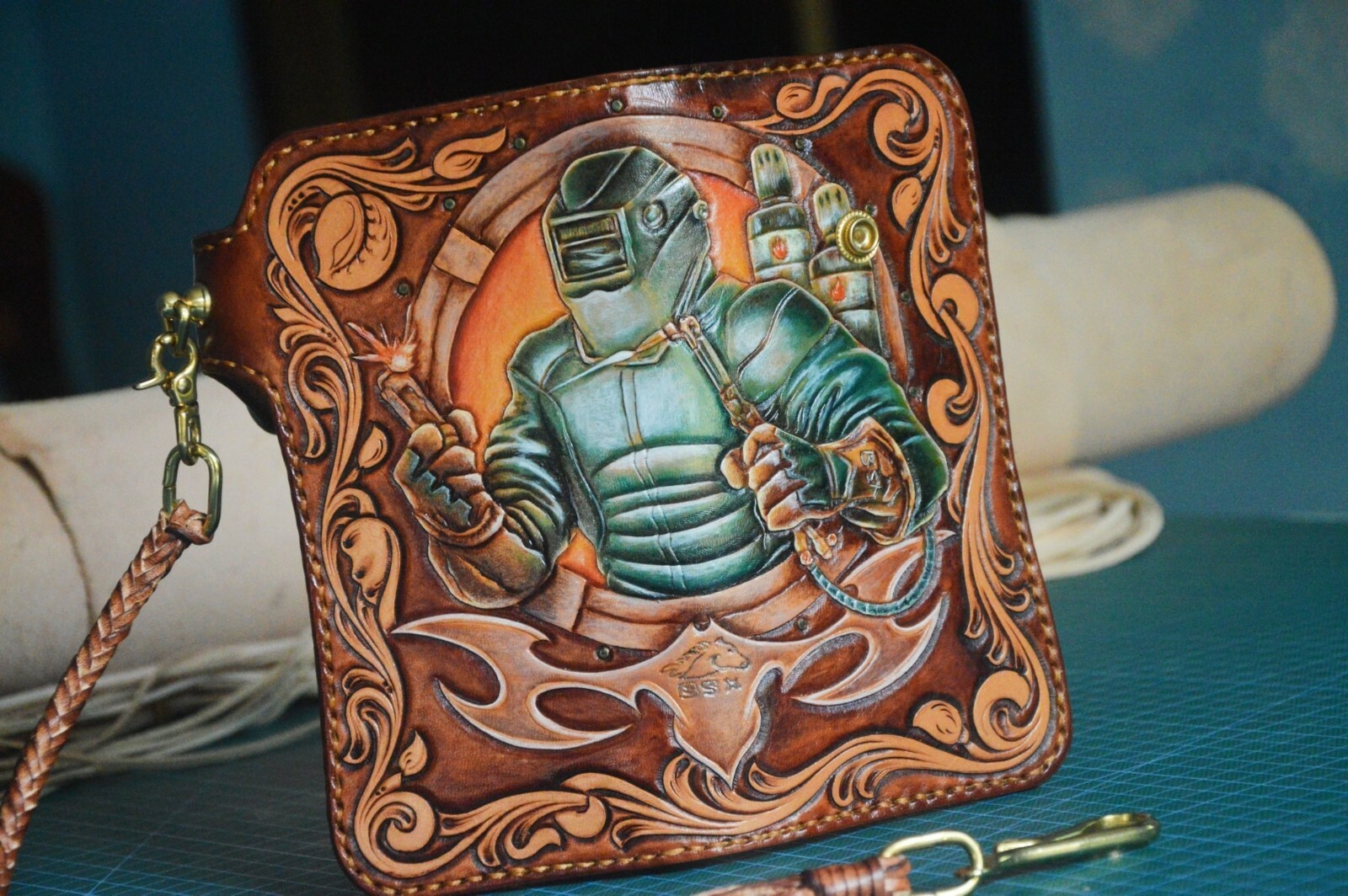Pre-owned Handmade Custom Leather Biker Wallet Chain Robot Carved Wallet Personalized Gift X35 In Brown