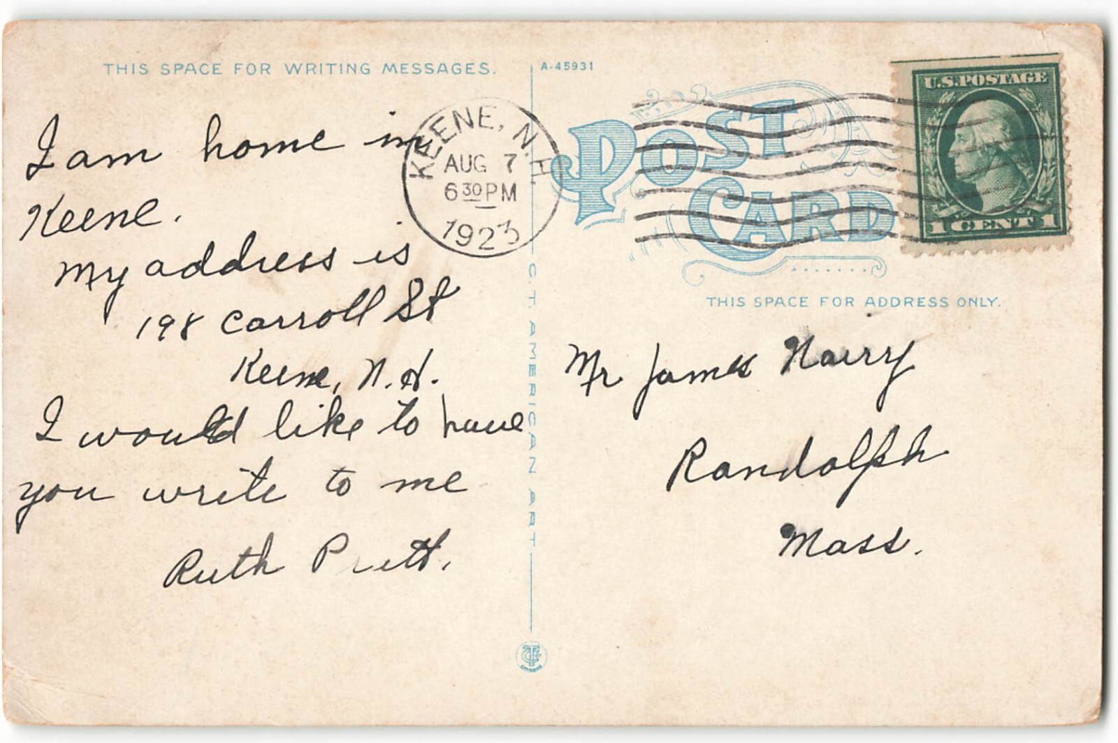 Postcard 1923 Post Office, Keene, N.H. VTG VPC01.