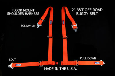 RJS RACING 2'' BUGGY OFF ROAD SEAT BELT 4 PT B&T FLOOR HARNESS ORANGE SAND RAIL