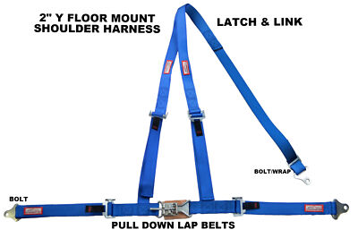 2'' LATCH & LINK Y FLOOR MOUNT HARNESS. 3 POINT BUGGY BELT PULL DOWN LAPS BLUE