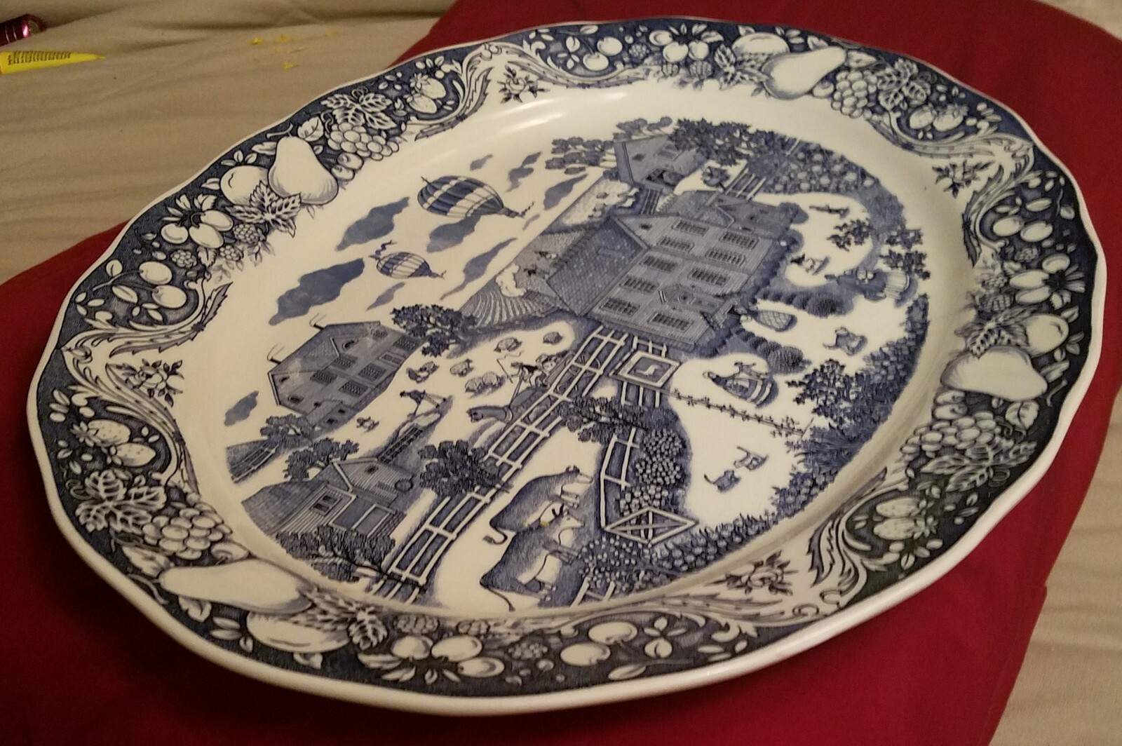 Vintage SANYEI Blue Transferware Large Oval Serving Platter~Japan~Farm, Balloons