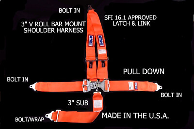 RJS RACING SFI 16.1 LATCH & LINK 5 POINT SEAT BELT V HARNESS BOLT ORANGE 1126205