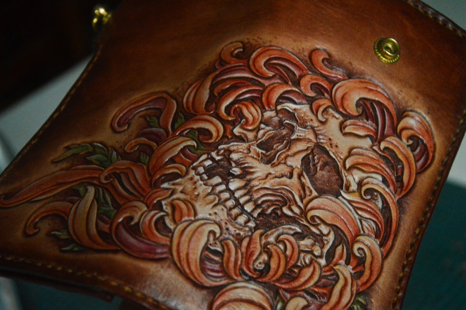 Pre-owned Handmade Custom Leather Biker Skull Carved Wallet Chain  Leather Wallet Gift X27 In Brown