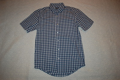 Mens S/S Shirt BLUE WHITE SMALL CHECKERED PLAID Button Down POCKET Size S 34-36