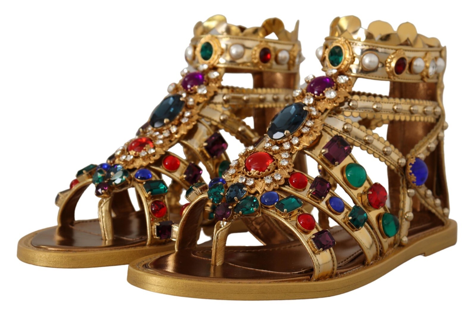 

DOLCE - GABBANA Shoes Туфли на плоской подошве Золотые кожаные гладиаторы с кристаллами EU37 / US6.5, Золотой