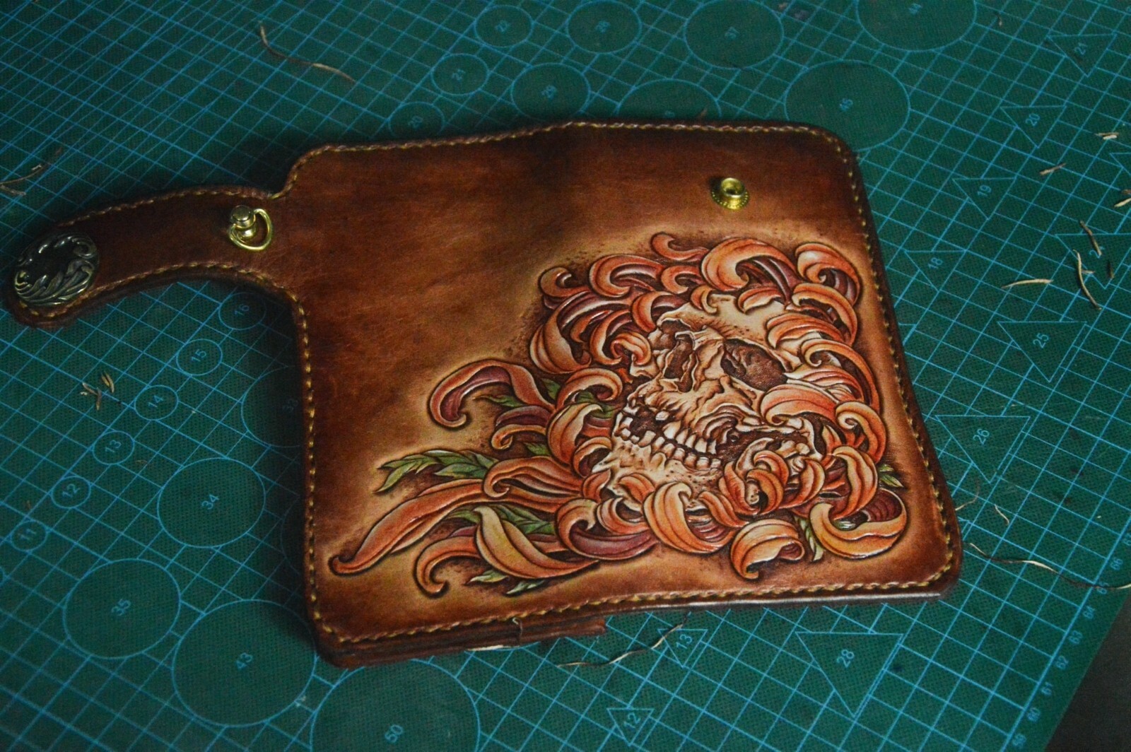 Pre-owned Handmade Custom Leather Biker Skull Carved Wallet Chain  Leather Wallet Gift X27 In Brown