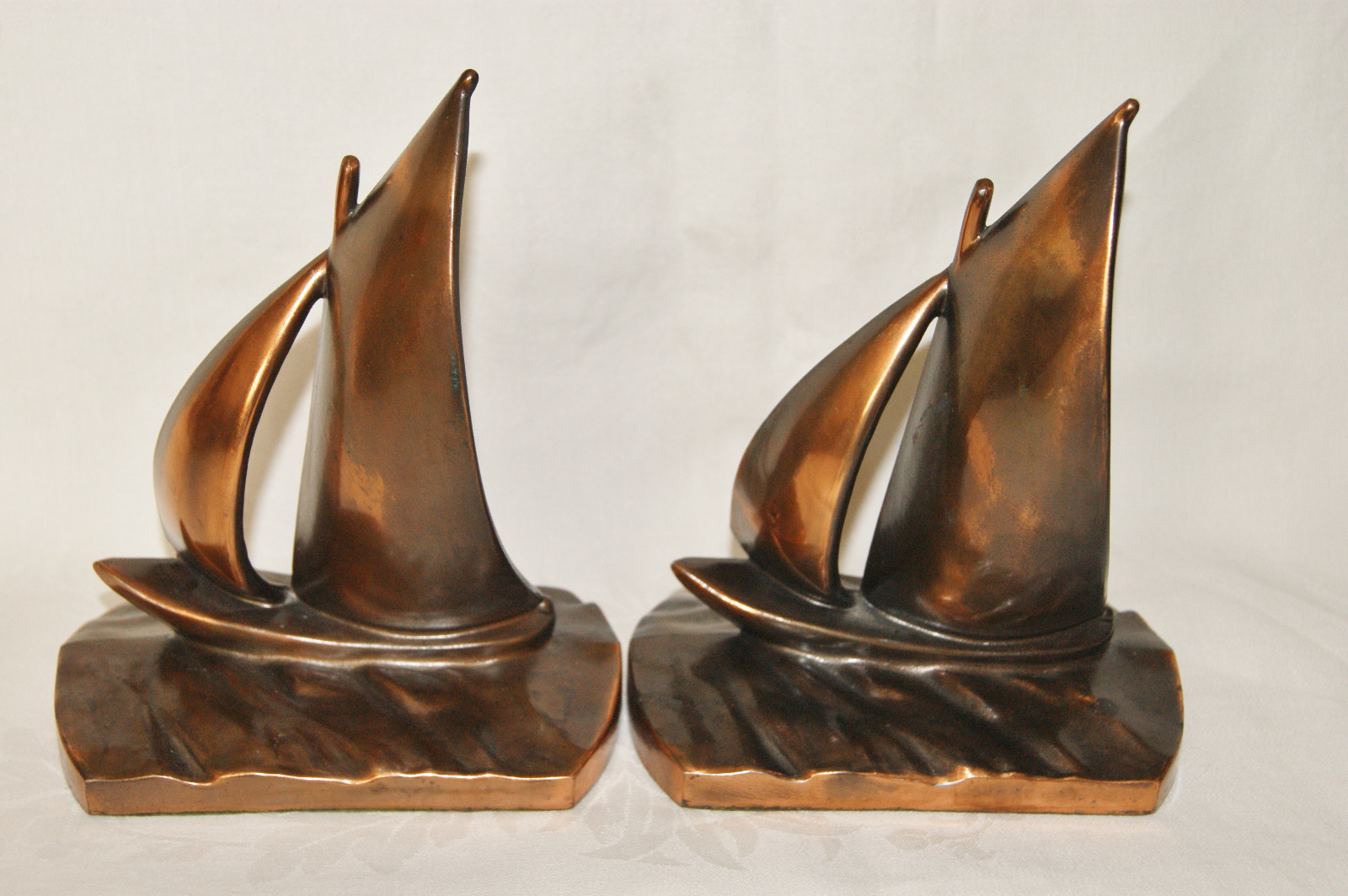 Vintage Book Ends - Nautical Sailboats on Waves - Brass Toned Cast Metal - Heavy