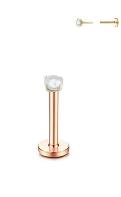 20G Gold / Rose Gold Steel Prong Set Tiny Pearl Threadless Push Labret Nose Stud