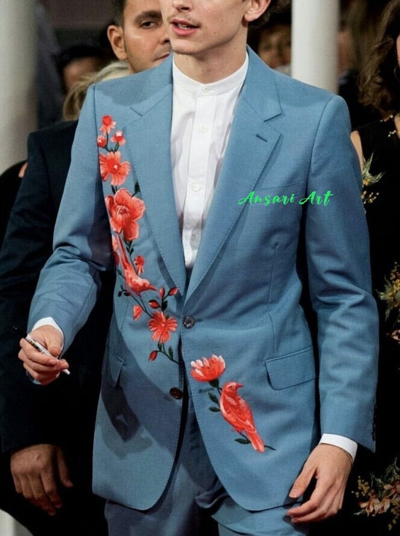 Pre-owned Art Men Blue Embroidered 2 Piece Suit Made To Measure Cotton Wedding Cocktail Py