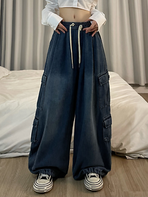 Women Loose Baggy Jeans Pants Vintage Cargo Pockets Denim Trousers