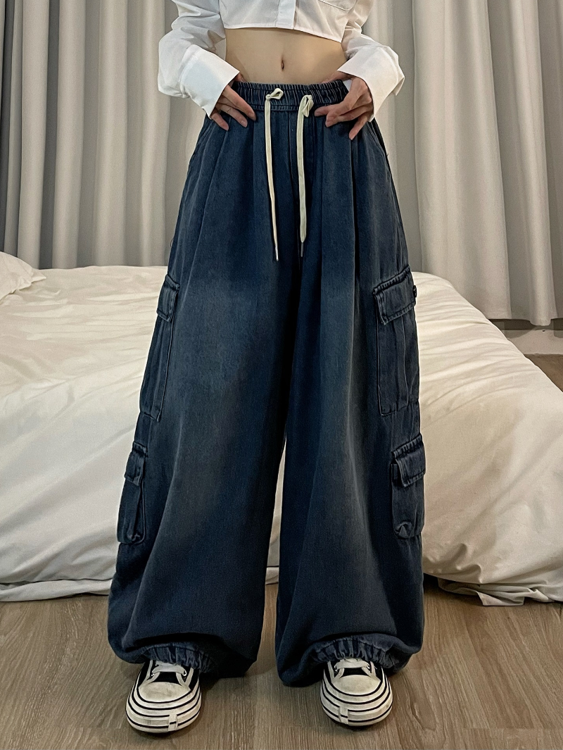 Women Loose Baggy Jeans Pants Vintage Cargo Pockets Denim Women Loose Baggy Jeans Pants Vintage Cargo Pockets Denim