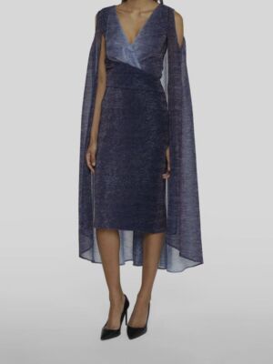 $1995 Talbot Runhof Women's Blue Metallic Voile Cape Midi Dress Size DE42 US12