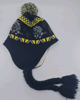 Carbon Elements Beanie-Racoon Knit Print-Ear Flaps-Pom Top-Fleece Lined-Black