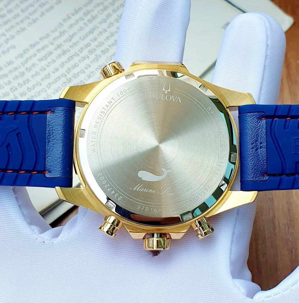 Pre-owned Bulova Marine Star Blue Dial 97b168 Gold Tone Silicone Strap Men's Watch