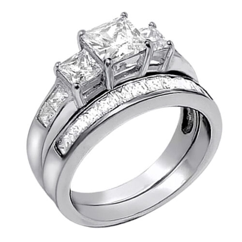 Sterling Silver Ring For Women - 3 Stone Cz Princess Cut Engagement Ring