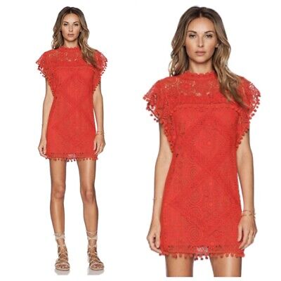 Tularosa Womens Clayton Tunic Pom Pom Mini Dress Red Lace Revolve Size XS