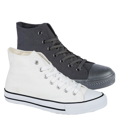 MEN'S BOYS CANVAS LACE UP HIGH TOP ANKLE TRAINER WHITE & BLACK SIZES 6 -12 