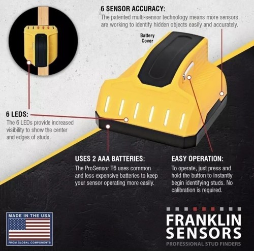 New! Franklin Sensors Prosensor T6 Stud Finder w 6 Sensors Detect Wood and Metal